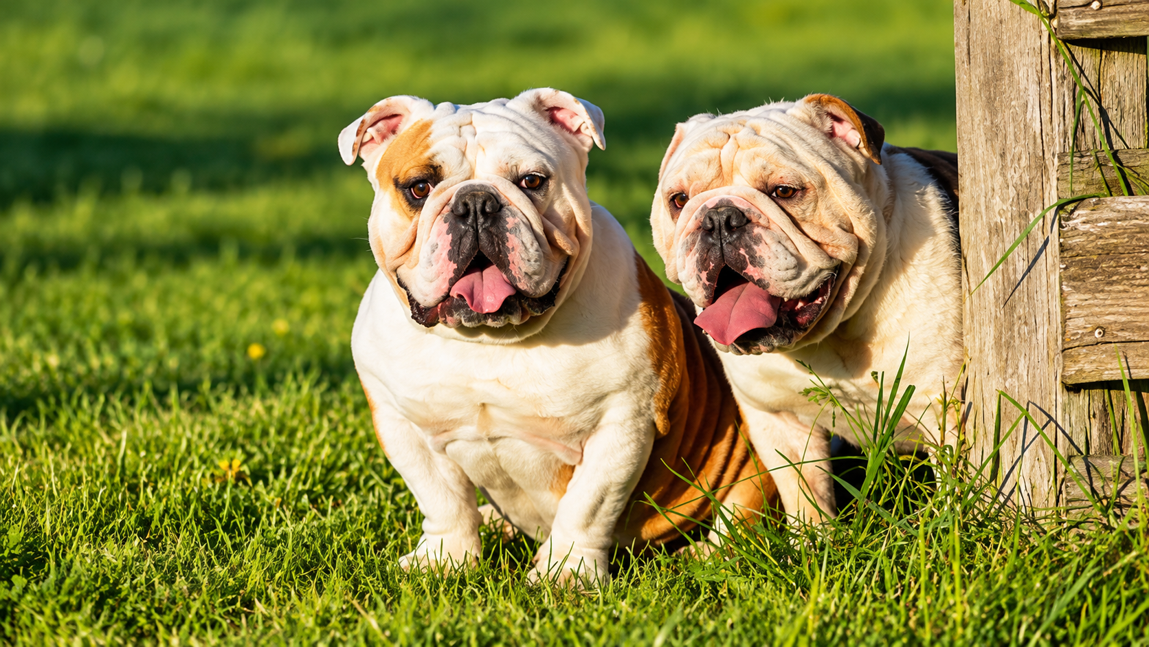 Dois Bulldogs Ingleses junto a uma cerca de madeira, com vegeta??o ao fundo