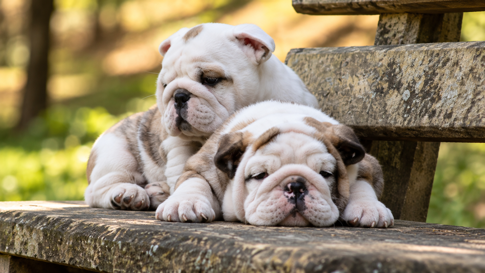 Dois filhotes de Bulldog Inglês descansando juntos em um banco