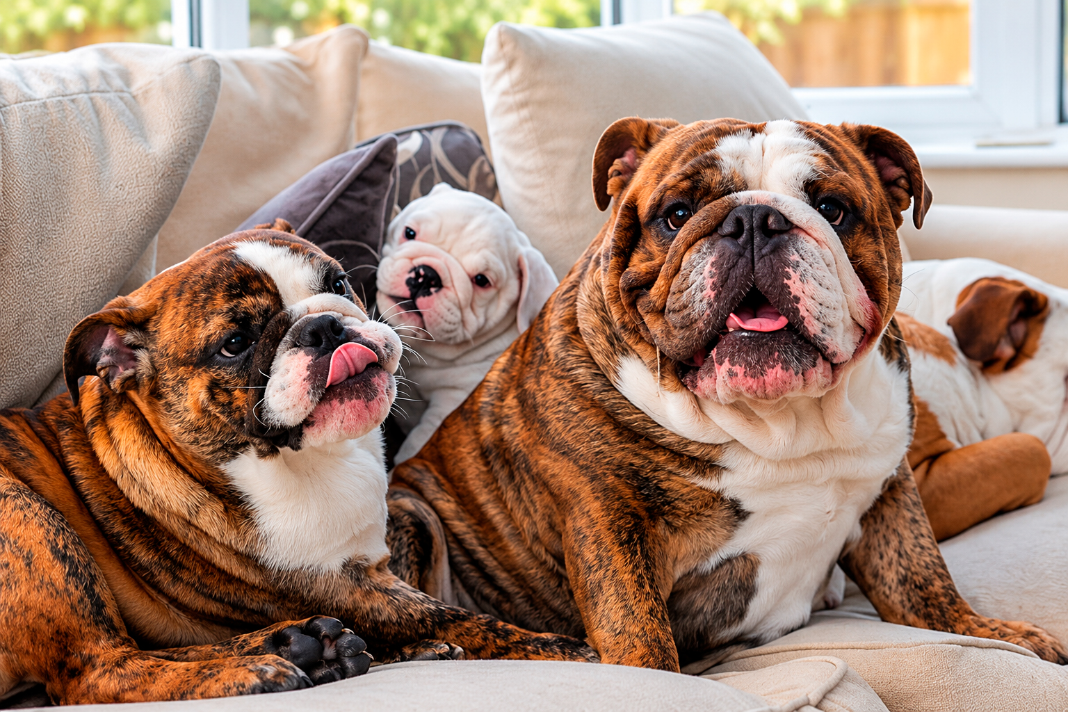 Bulldogs Ingleses convivendo em ambiente familiar