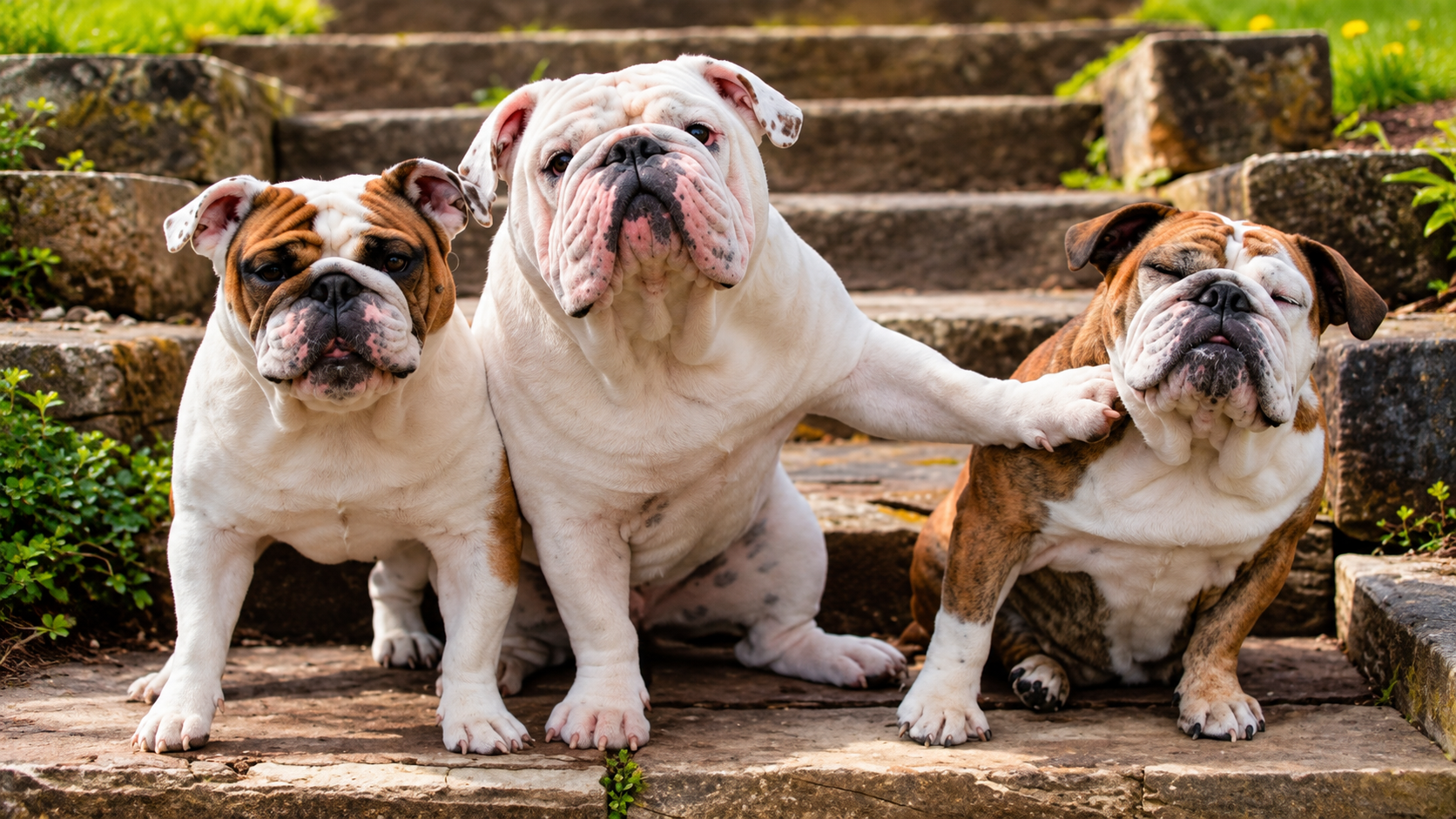 Três Bulldogs Ingleses nas escadas
