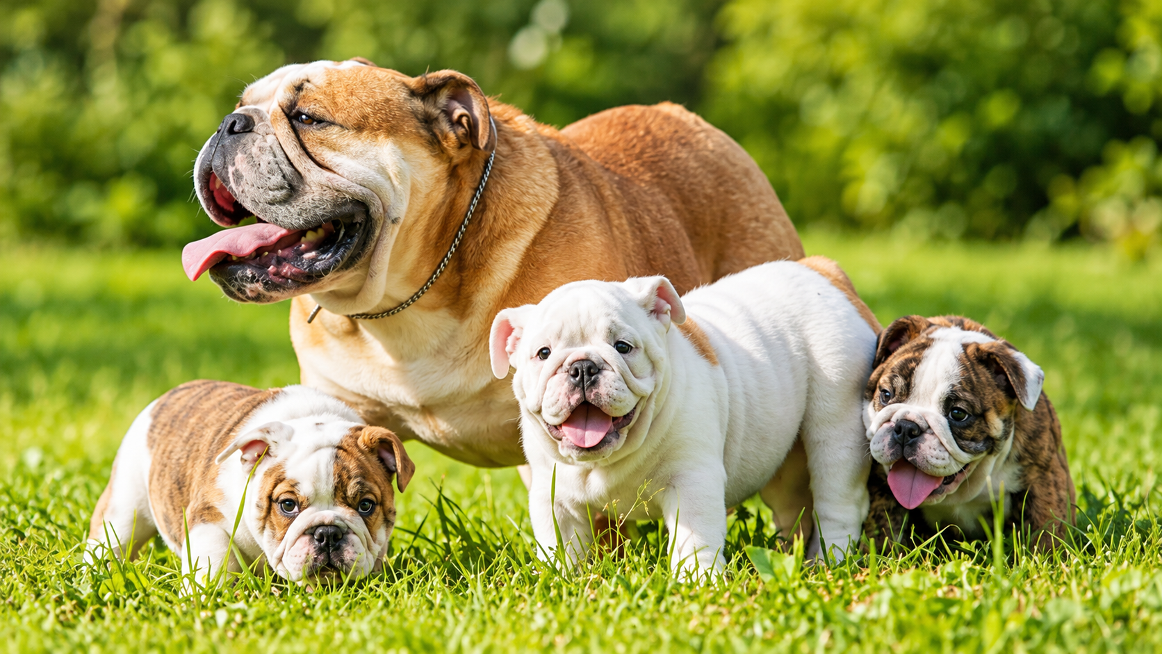 Bulldog Inglês adulto com três filhotes no jardim