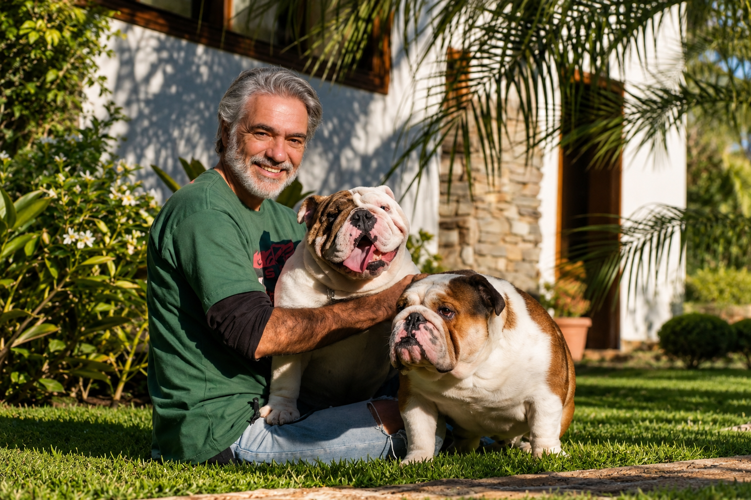 Criador do Canil Duas Marias acompanhado de dois Bulldogs Ingleses