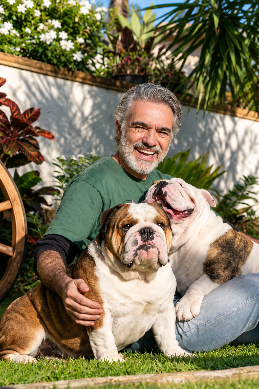 Criador do Canil Duas Marias no jardim com dois cães da raça Bulldog Inglês.