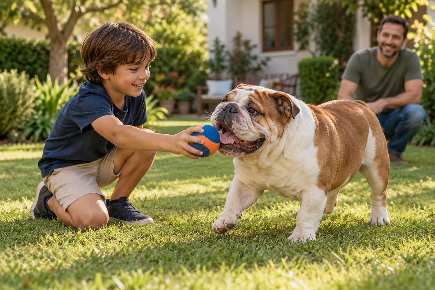 Criança brincando com uma bola com um Bulldog Inglês, acompanhados por um adulto.